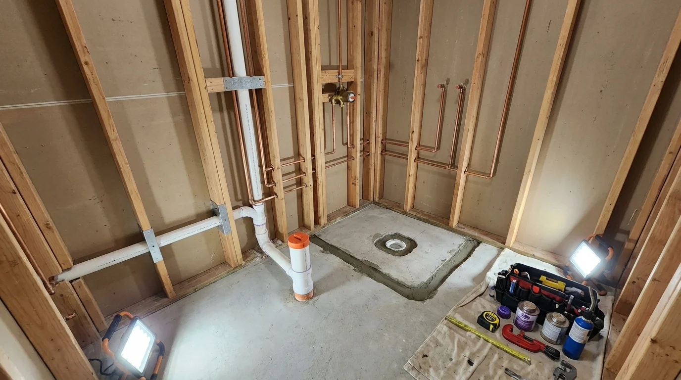 Bathroom rough-in plumbing during remodel by Johns Plumbing LLC in East Flat Rock