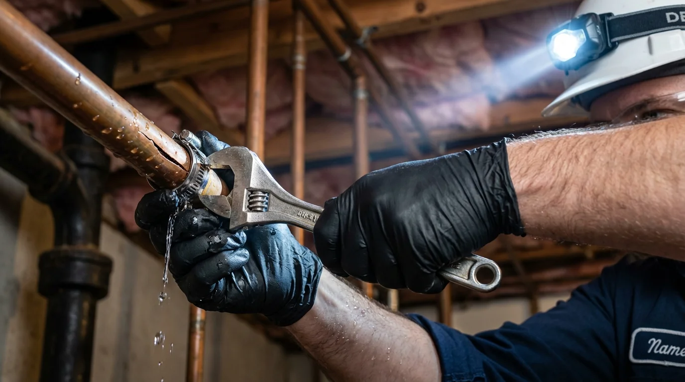 Emergency pipe clamp repair being performed by a Johns Plumbing LLC plumber in East Flat Rock