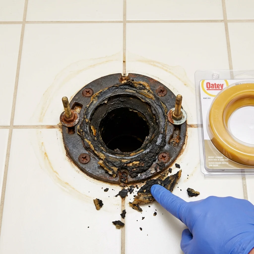 Failed wax ring showing water seepage at the base of a toilet in a East Flat Rock, NC home