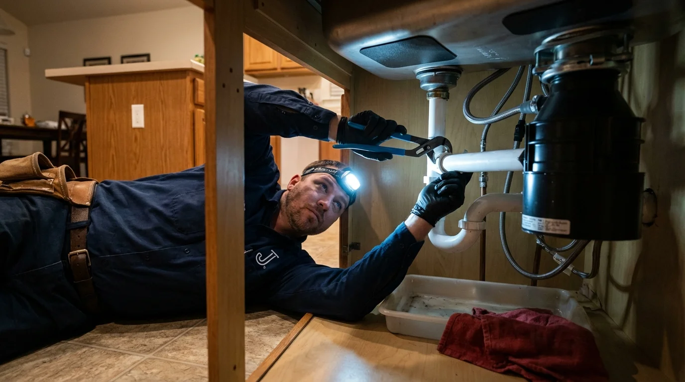 P-trap and supply line connections under a kitchen sink showing a common leak point in East Flat Rock, NC